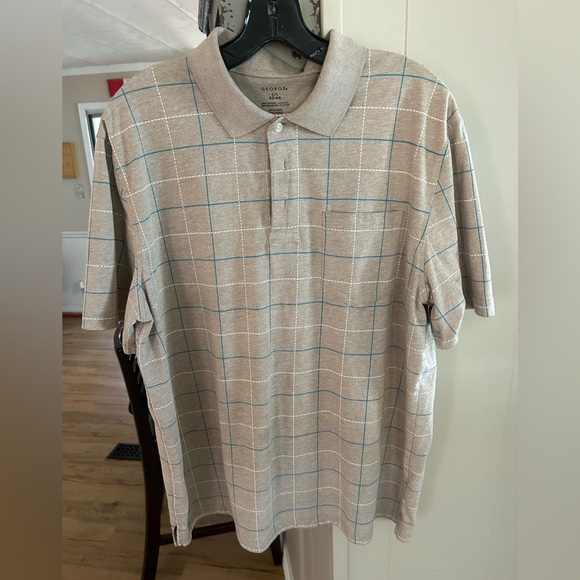 George Men's Tan and Blue Plaid Polo - Picture 1 of 3